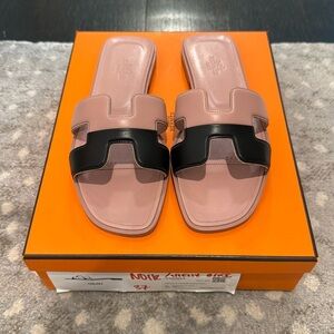 Hermes Pink and Black Oran Slide Sandals